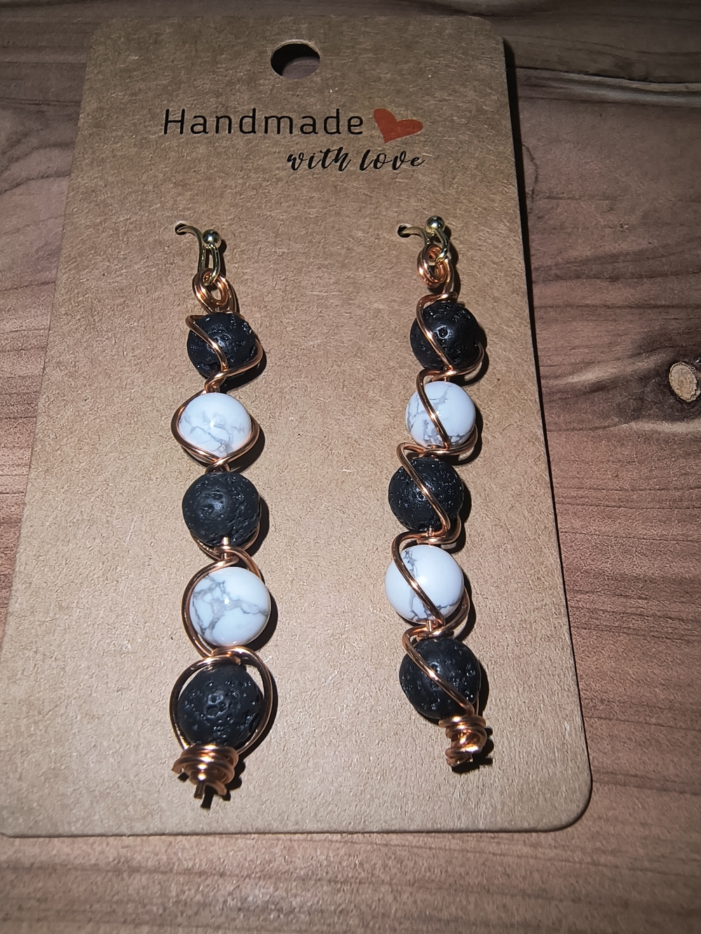 Hand Crafted Black and White Bead Dangle Earrings with Rose Gold Wire